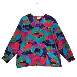 Vtg 80s 90s Allison Daley Women's 18W Satin & Gold Tassel Print Blouse Colorful